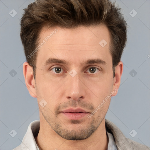 Neutral white young-adult male with short  brown hair and brown eyes