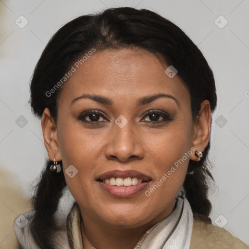 Joyful latino young-adult female with short  brown hair and brown eyes