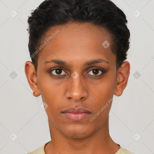 Neutral black young-adult female with short  brown hair and brown eyes
