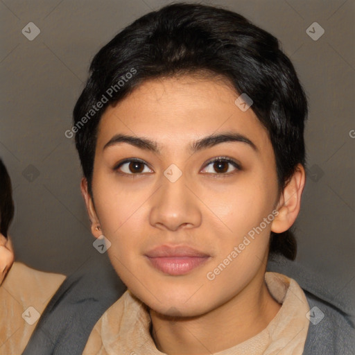 Neutral latino young-adult female with short  black hair and brown eyes