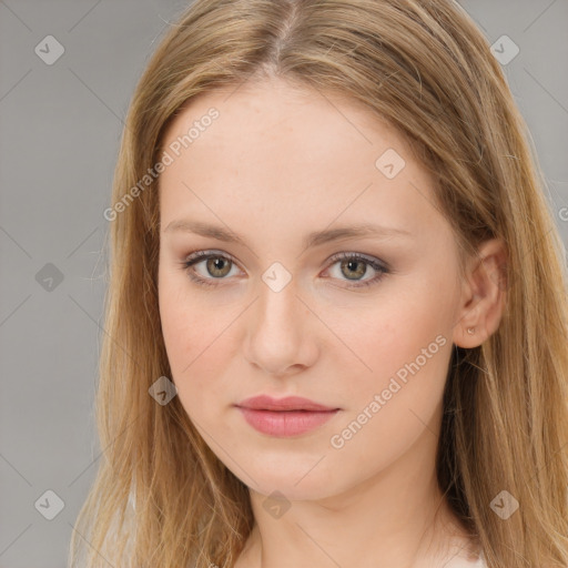 Neutral white young-adult female with long  brown hair and brown eyes