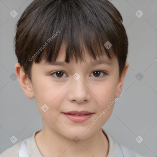 Joyful white child female with short  brown hair and brown eyes