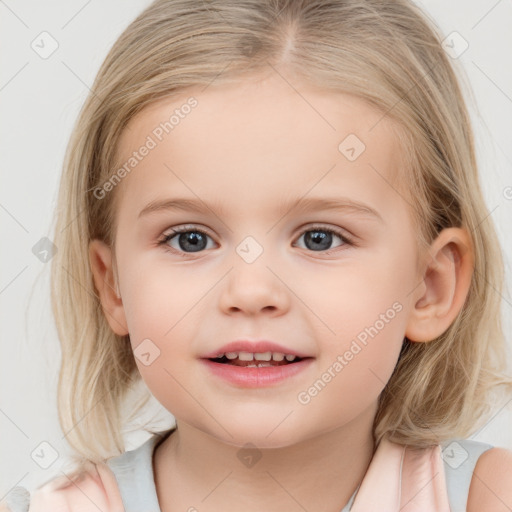 Joyful white child female with medium  brown hair and blue eyes