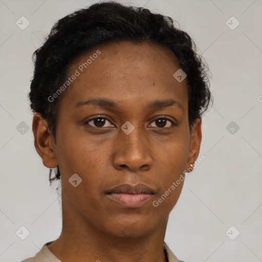 Neutral black young-adult female with short  brown hair and brown eyes