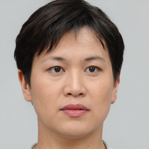 Joyful asian young-adult female with short  brown hair and brown eyes