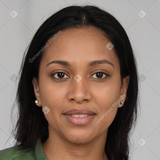 Joyful latino young-adult female with long  brown hair and brown eyes