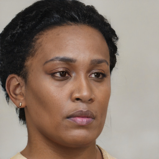 Neutral black young-adult female with short  brown hair and brown eyes