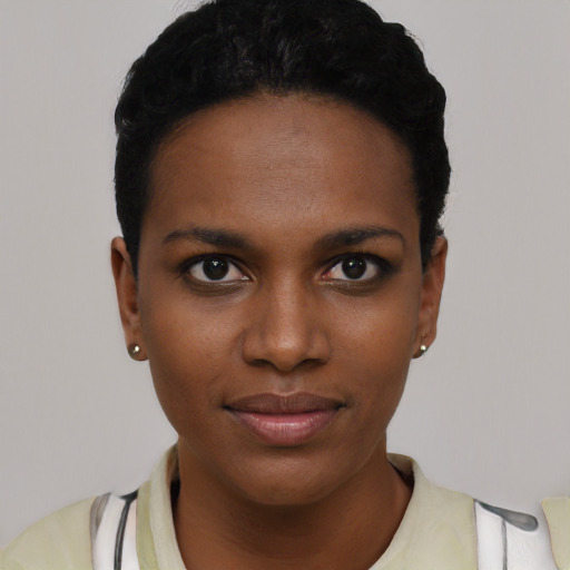 Joyful black young-adult female with short  black hair and brown eyes