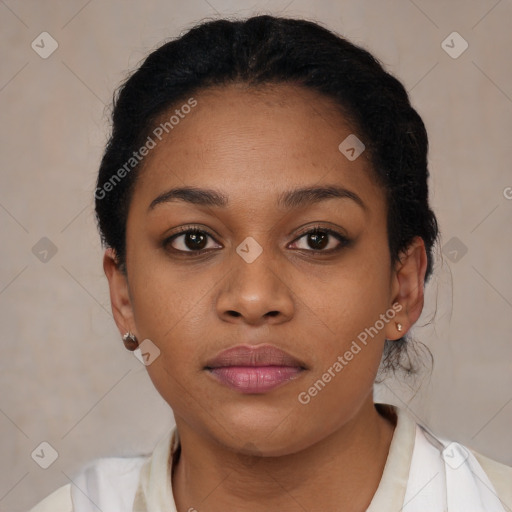 Neutral black young-adult female with short  brown hair and brown eyes