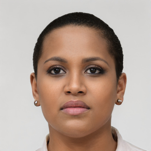 Neutral latino young-adult female with short  brown hair and brown eyes