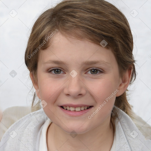 Joyful white child female with medium  brown hair and brown eyes