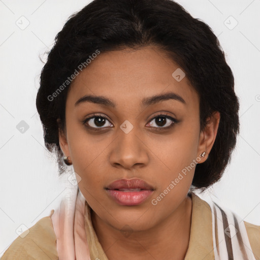 Neutral latino young-adult female with medium  black hair and brown eyes