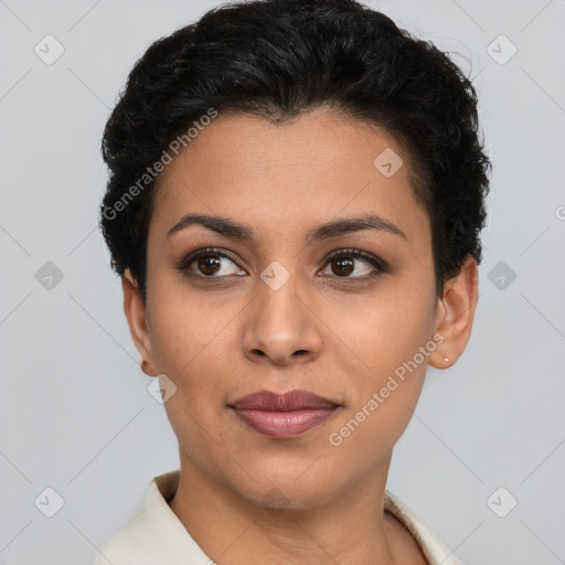 Joyful latino young-adult female with short  black hair and brown eyes