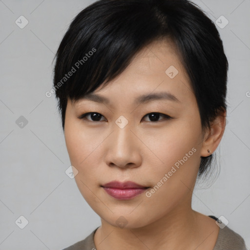 Neutral asian young-adult female with medium  black hair and brown eyes