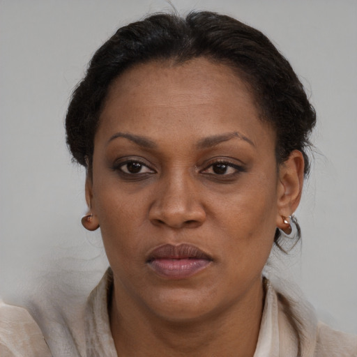 Neutral black adult female with short  brown hair and brown eyes