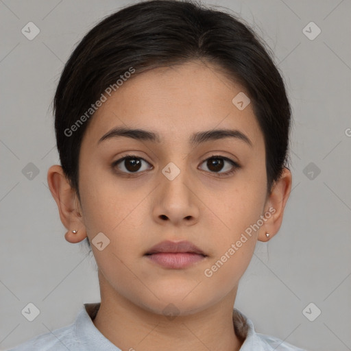 Neutral white young-adult female with short  brown hair and brown eyes