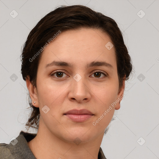 Neutral white young-adult female with short  brown hair and brown eyes