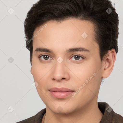 Joyful white young-adult male with short  brown hair and brown eyes