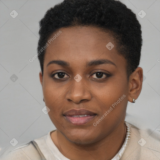 Joyful black young-adult female with short  brown hair and brown eyes