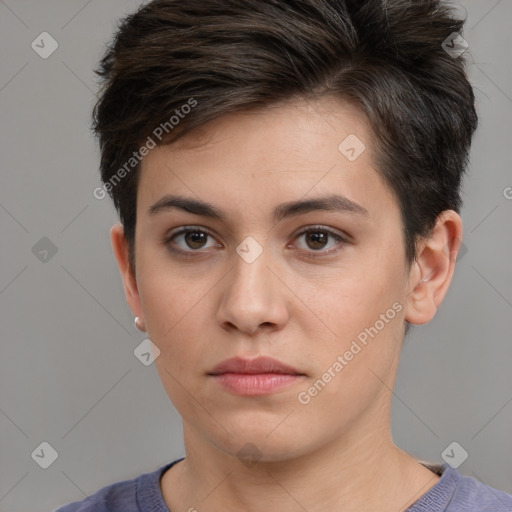 Neutral white young-adult female with short  brown hair and brown eyes