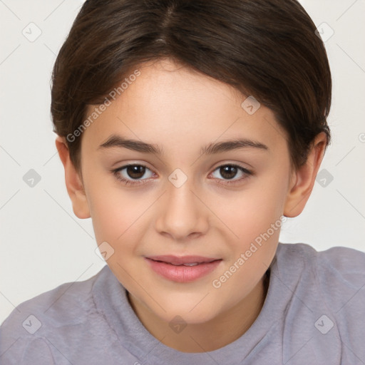 Joyful white child female with medium  brown hair and brown eyes