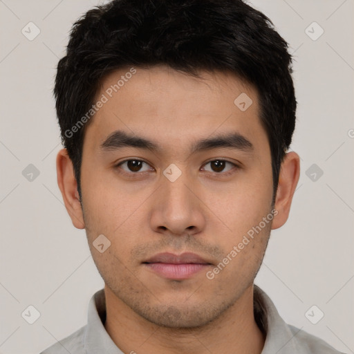 Neutral asian young-adult male with short  black hair and brown eyes