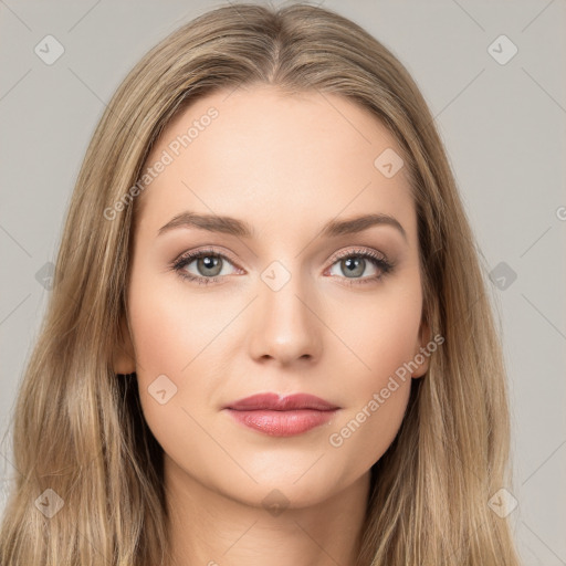 Neutral white young-adult female with long  brown hair and brown eyes