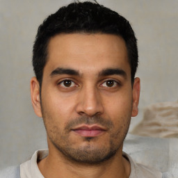 Neutral latino young-adult male with short  black hair and brown eyes