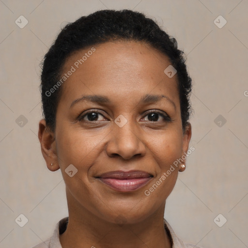 Joyful black adult female with short  brown hair and brown eyes