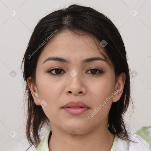 Neutral asian young-adult female with medium  brown hair and brown eyes