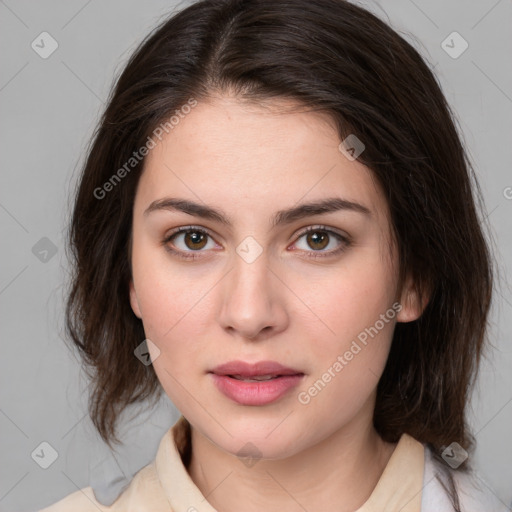 Neutral white young-adult female with medium  brown hair and brown eyes