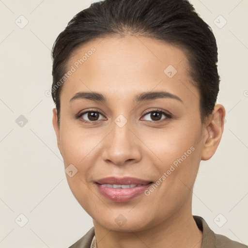 Joyful white young-adult female with short  brown hair and brown eyes