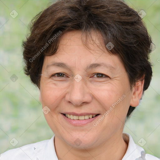 Joyful white adult female with short  brown hair and brown eyes