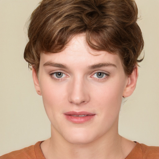 Neutral white young-adult female with short  brown hair and green eyes