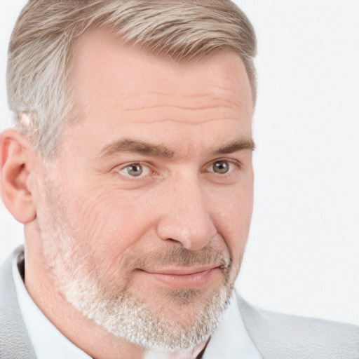 Joyful white adult male with short  brown hair and grey eyes