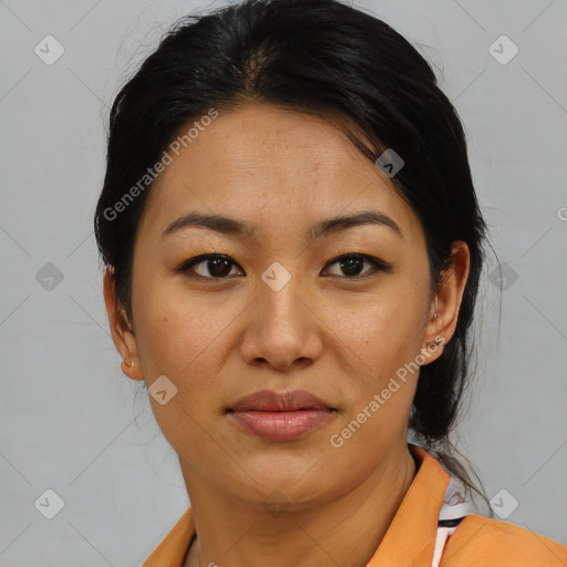 Joyful asian young-adult female with short  brown hair and brown eyes