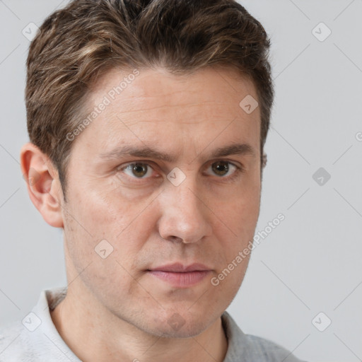 Neutral white adult male with short  brown hair and brown eyes