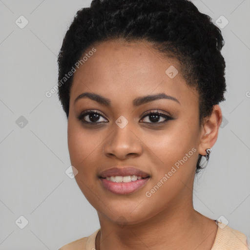 Joyful latino young-adult female with short  black hair and brown eyes