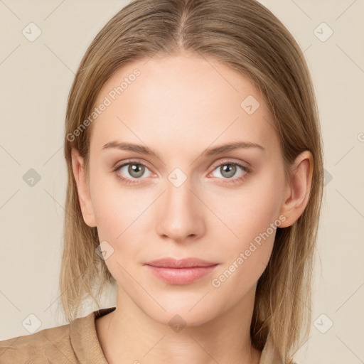 Neutral white young-adult female with long  brown hair and grey eyes