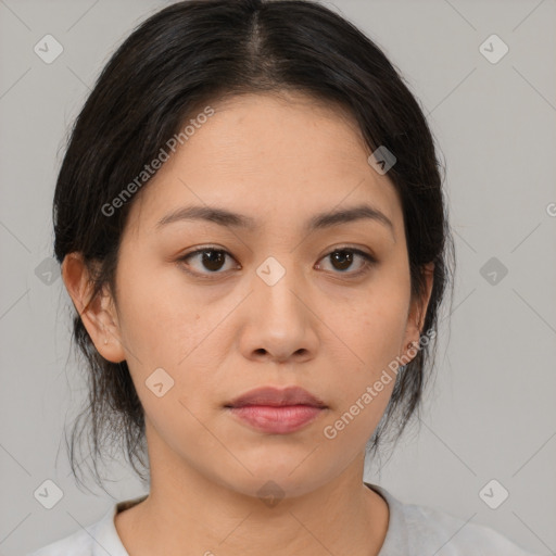 Neutral asian young-adult female with medium  brown hair and brown eyes