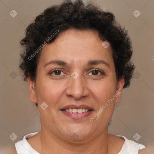 Joyful white adult female with short  brown hair and brown eyes