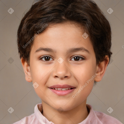 Joyful white child male with short  brown hair and brown eyes