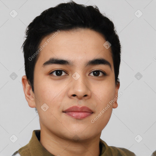 Neutral asian young-adult male with short  black hair and brown eyes