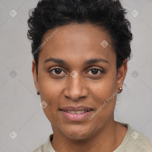 Joyful black young-adult female with short  brown hair and brown eyes