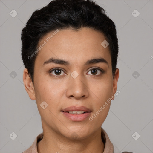 Joyful white young-adult female with short  black hair and brown eyes