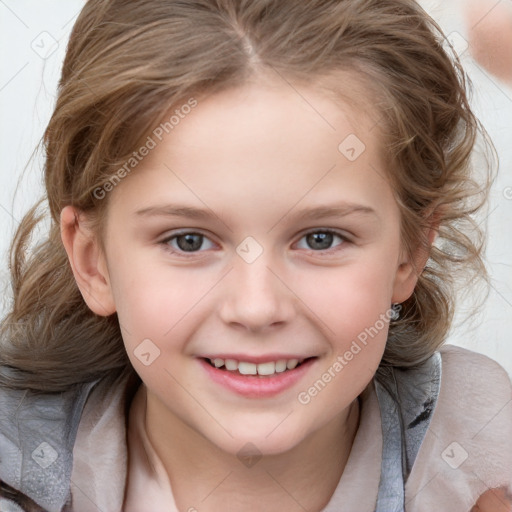 Joyful white child female with medium  brown hair and blue eyes