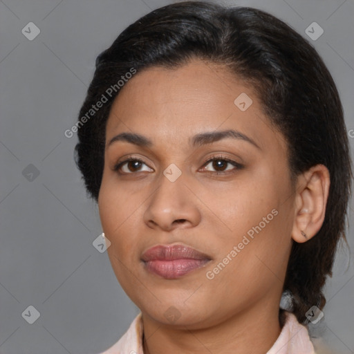 Joyful latino young-adult female with medium  brown hair and brown eyes