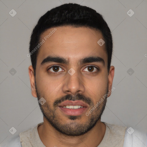 Neutral latino young-adult male with short  black hair and brown eyes