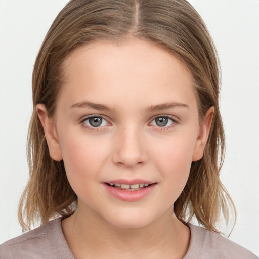 Joyful white child female with medium  brown hair and brown eyes