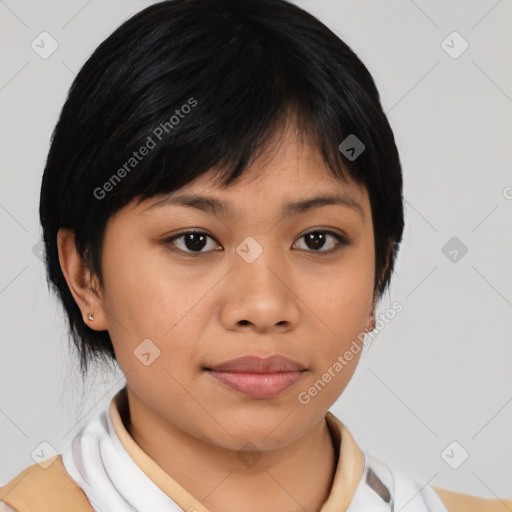 Neutral asian young-adult female with medium  black hair and brown eyes